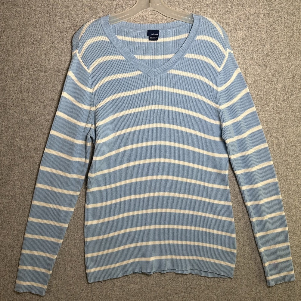 Basic‎ additions womens XXL pullover sweater striped blue V-neck long sleeve